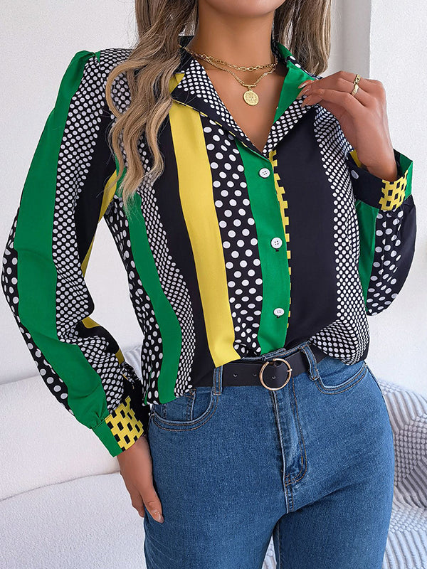 Long Sleeves Buttoned Contrast Color Polka-Dot Notched Collar Blouses&Shirts Tops
