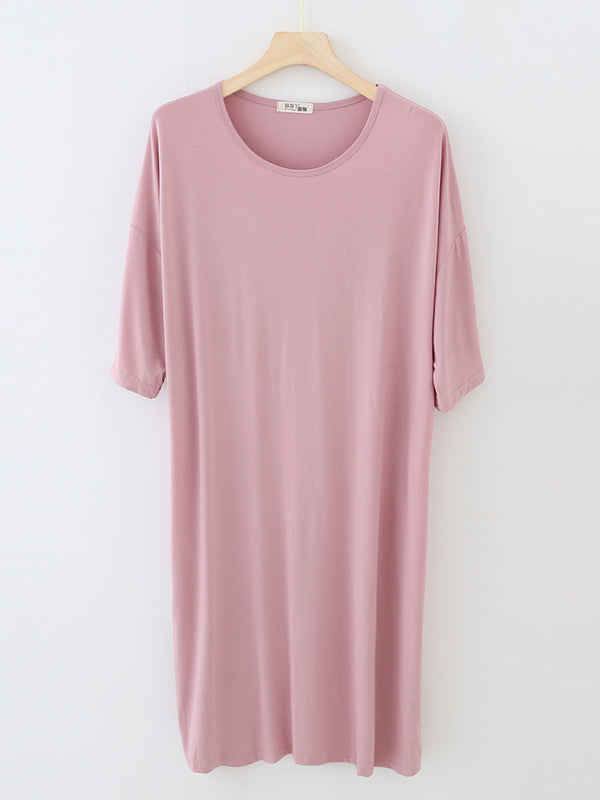 High Waisted Loose Solid Color Split-Joint Round-Neck Pajama Dress