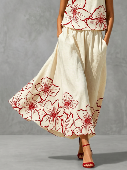 High Waisted Contrast Color Floral Printed Pleated Pockets Skirts Bottoms