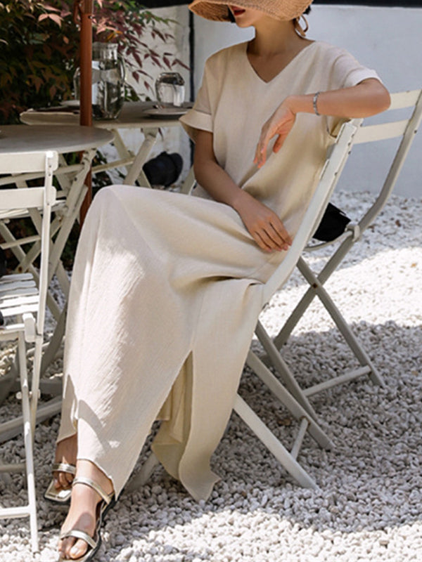 A-Line Loose Hollow Solid Color Split-Side Tied Waist V-Neck Midi Dresses