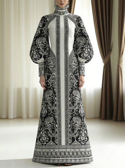 A-Line Long Sleeves Contrast Color Flower Print High Neck Maxi Dresses