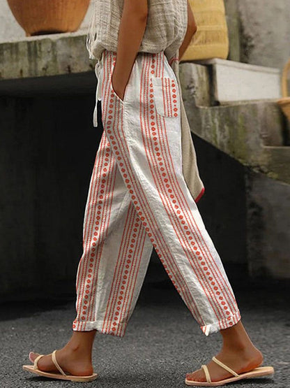 High Waisted Plus Size Contrast Color Drawstring Elasticity Pockets Printed Split-Joint Pants Trousers