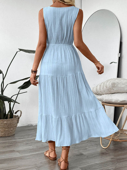 A-Line High Waisted Buttoned Pleated Solid Color Tied Waist V-Neck Maxi Dresses
