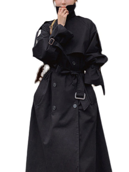 Long Sleeves Loose Buckle Buttoned Solid Color Split-Back Lapel Trench Coats