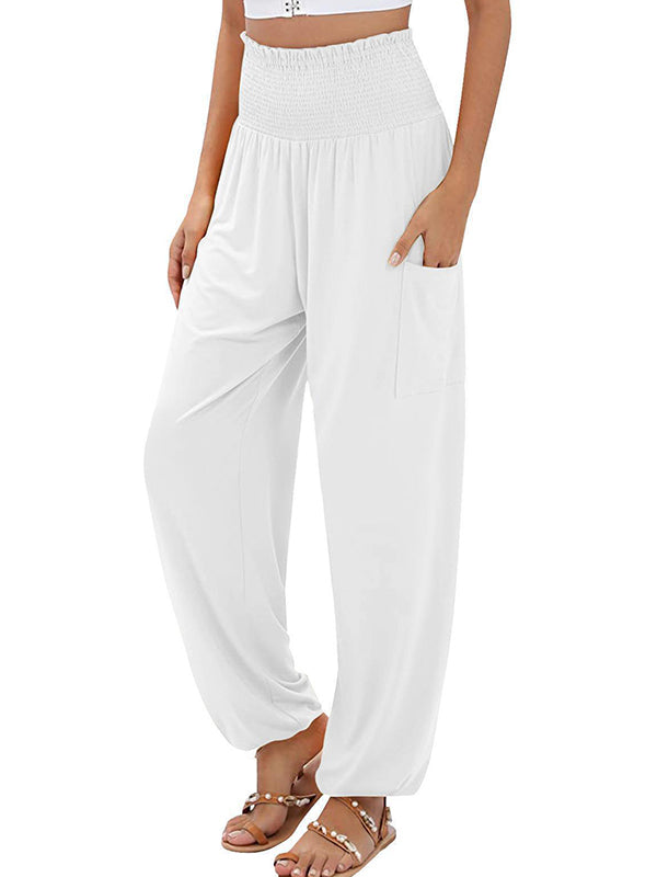 High Waisted Loose Elasticity Pleated Pockets Solid Color Split-Joint Pants Trousers