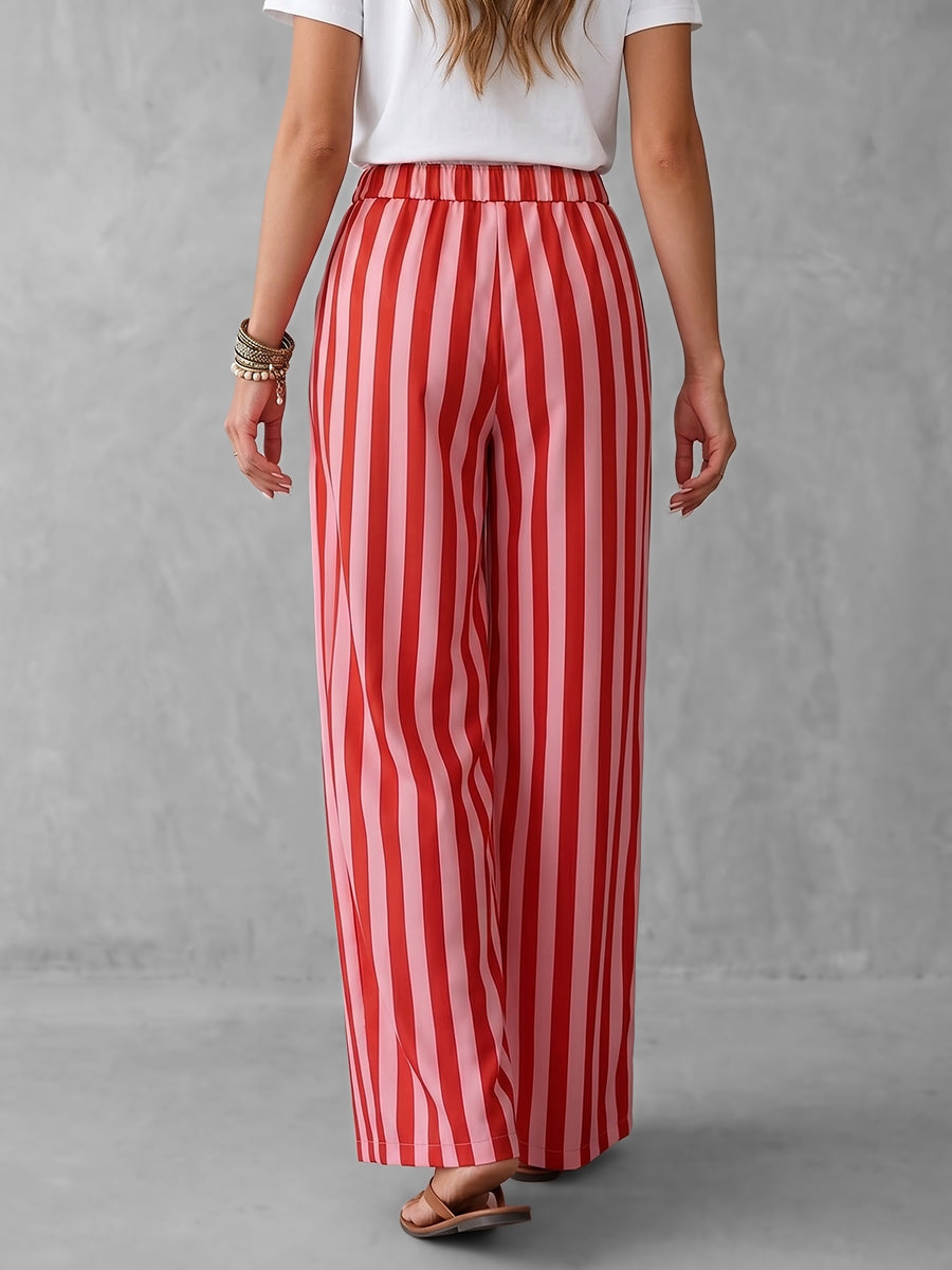 High Waisted Loose Contrast Color Drawstring Elasticity Pockets Striped Pants Trousers