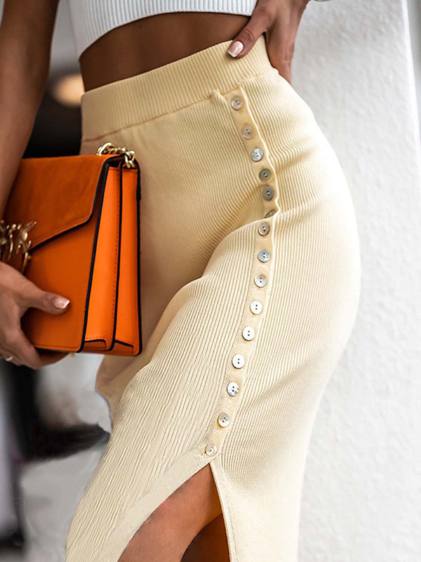 Bodycon High Waisted Asymmetric Buttoned Split-Side Skirts Bottoms