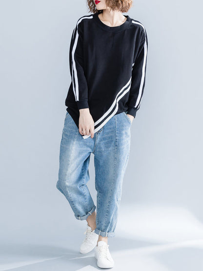 Cropped Long Sleeves Striped Round-Neck Hoodies&Sweatshirt