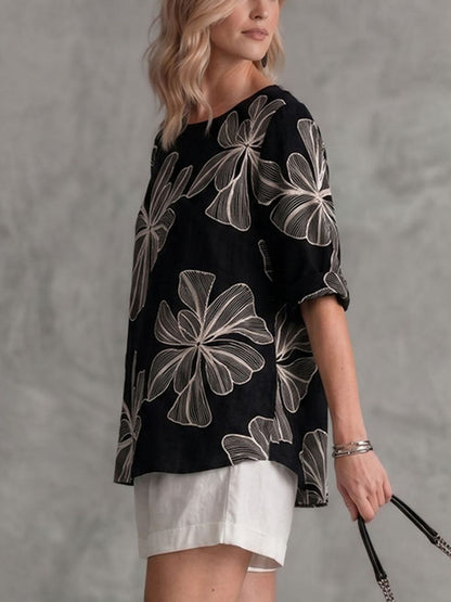 Long Sleeves Loose Contrast Color Embroidered Flower Print Round-neck T-Shirts Tops