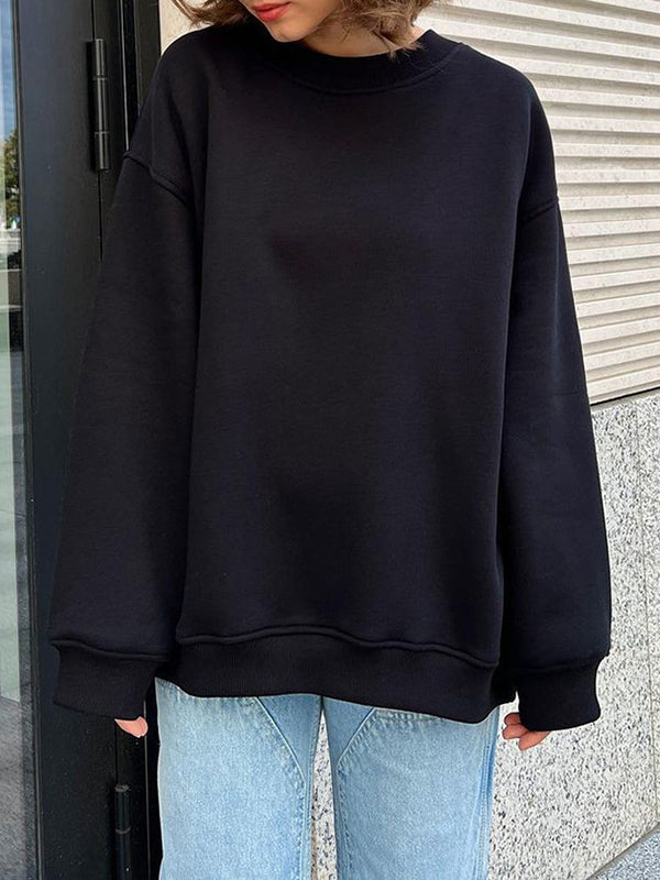 Long Sleeves Loose Solid Color Round-Neck Sweatshirt Tops