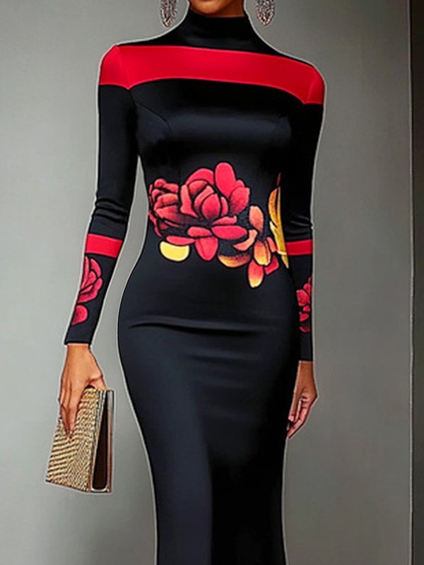 Bodycon Long Sleeves Flower Print High Neck Midi Dresses