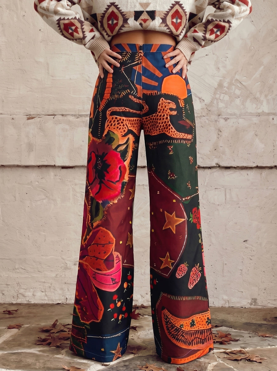 High Waisted Plus Size Buttoned Pockets Printed Pants Trousers