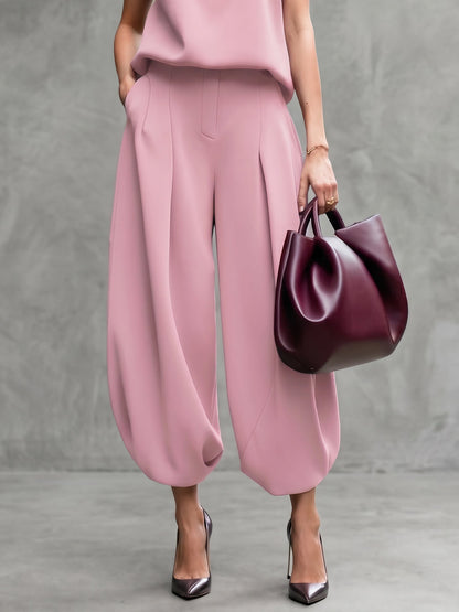 Cropped High Waisted Pleated Pockets Solid Color Pants Trousers