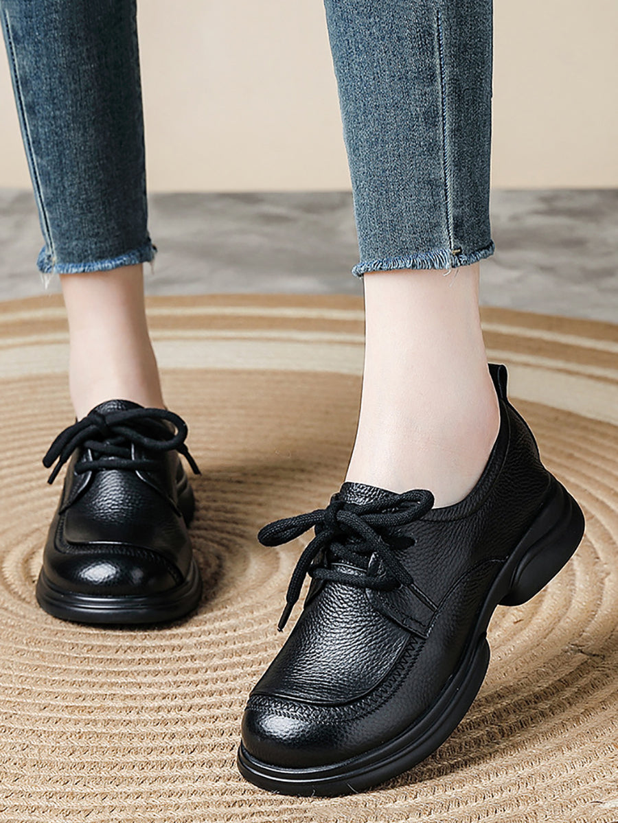 Women Spring Retro Genuine Leather Low Heel Shoes