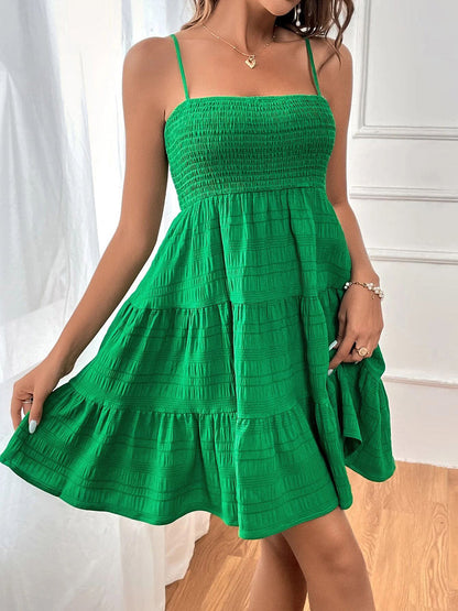 Elasticated Waist High Waisted Pleated Solid Color Split-Joint Spaghetti-Neck Mini Dresses