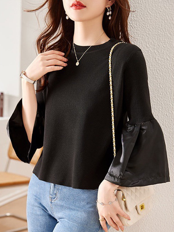Flared Sleeves Long Sleeves Pleated Split-Joint Round-neck T-Shirts Tops