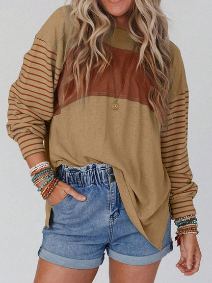 Long Sleeves Loose Contrast Color Split-Joint Striped Round-Neck Blouses&Shirts Tops