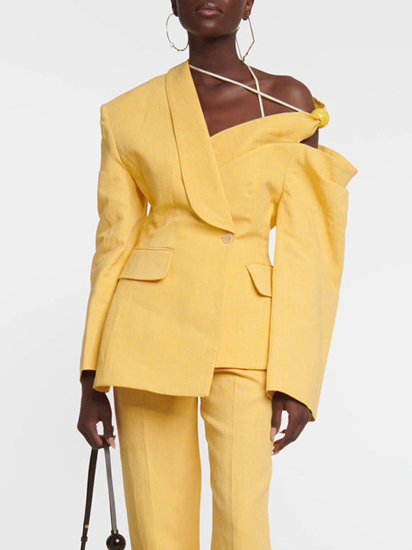 Long Sleeves Loose Asymmetric Buttoned Hollow Solid Color Tied Asymmetric Collar Blazer