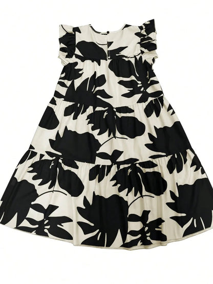 Loose Ruffle Sleeves Flower Print Pleated Round-Neck Midi Dresses