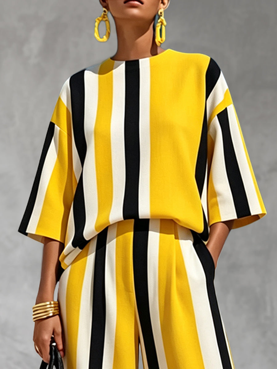Striped Contrast Color Loose Half Sleeves Round-neck Blouses&shirts Tops