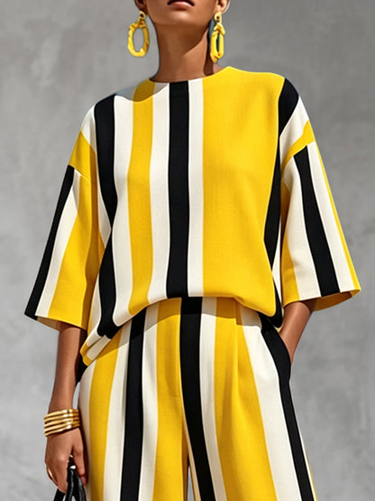 Striped Contrast Color Loose Half Sleeves Round-neck Blouses&shirts Tops