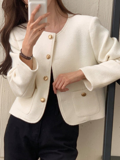 Long Sleeves Loose Buttoned Pockets Round-Neck Outerwear