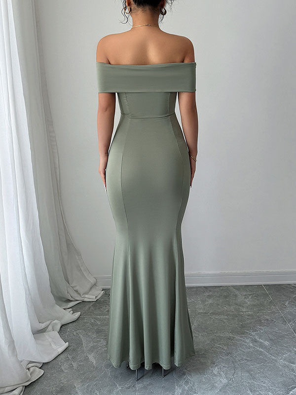 Bodycon High Waisted Solid Color Zipper Off-The-Shoulder Maxi Dresses