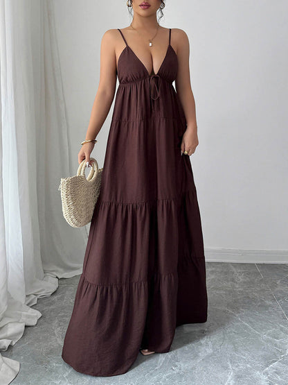A-Line Sleeveless Backless Drawstring Pleated Solid Color Spaghetti-Neck Maxi Dresses