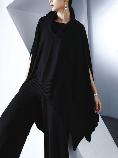 High-Low Long Sleeves Solid Color Heaps Collar Pullovers Sweater Tops