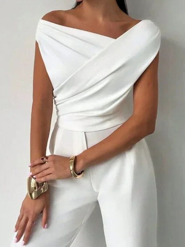 Short Sleeves Skinny Asymmetric Pleated Solid Color Split-Joint Asymmetric Neckline T-Shirts Tops