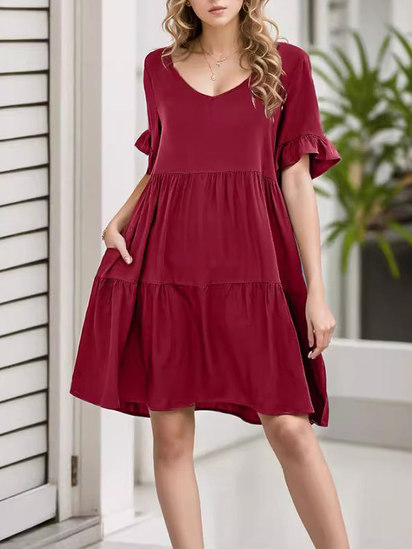 A-Line Flared Sleeves Pleated Pockets Ruffled Solid Color Split-Joint Round-Neck Mini Dresses