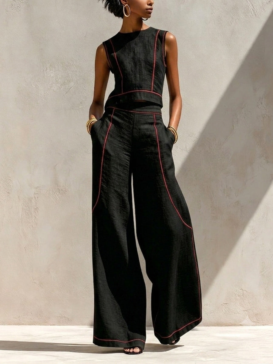 Plus Size Contrast Color Line Round-neck Tank Top + High Waisted Pockets Pants Trousers Two Pieces Set