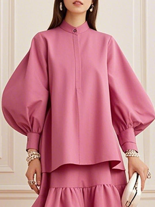 Loose Puff Sleeves Pleated Solid Color Split-Joint Round-Neck Blouses&Shirts Tops