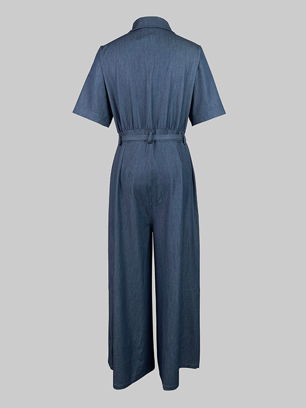 Short Sleeves Solid Color Tied Waist V-Neck Denim Jumpsuits