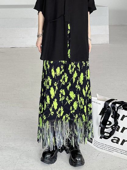 High Waisted H-Line Pleated Printed Split-Joint Tasseled Skirts