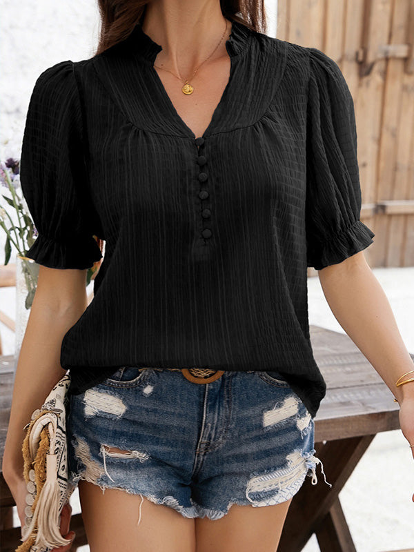 Flared Sleeves Half Sleeves Buttoned Ruffle Trim Solid Color V-Neck Blouses&Shirts Tops