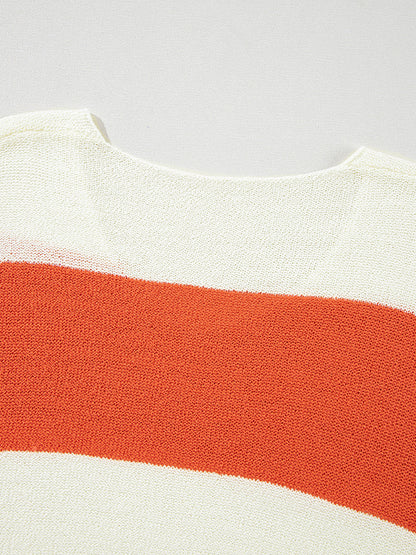 Long Sleeves Loose Contrast Color Split-Joint Striped V-Neck Pullovers Sweater Tops