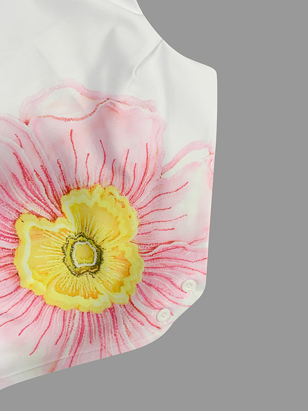 Loose Sleeveless Floral Printed High Neck Vest Top