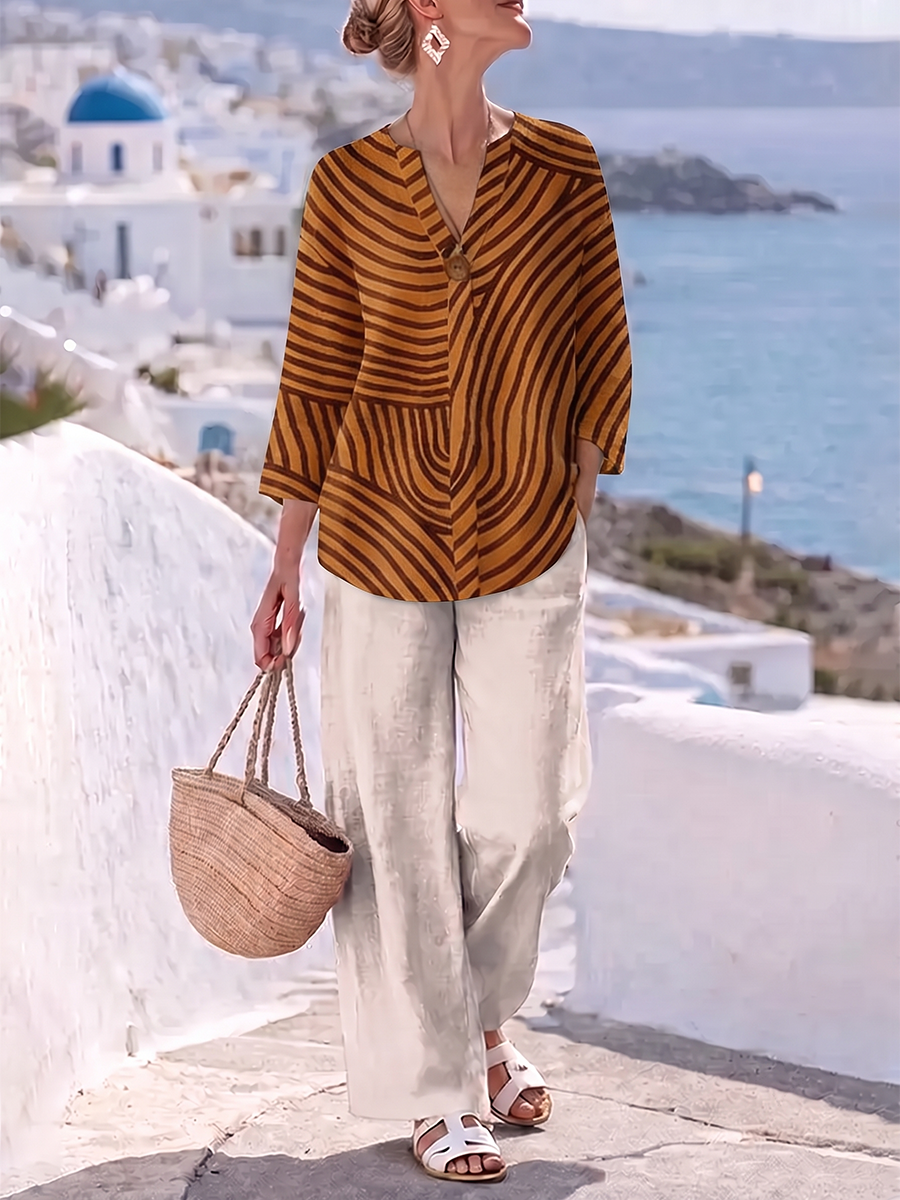 Printed V-neck Long Sleeves Buttoned Contrast Color T-Shirts Tops + High Waisted Pockets Pants Trousers Two Pieces Set