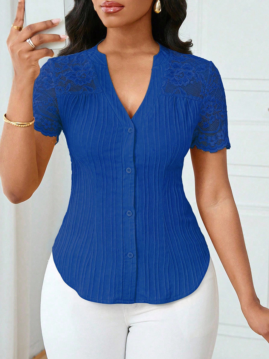 Split-Joint Solid Color Pleated Jacquard Hollow Buttoned Short Sleeves V-neck Blouses&shirts Tops