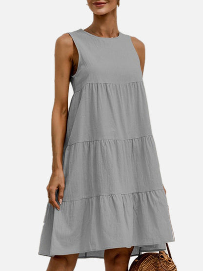 A-Line Loose Pleated Solid Color Split-Joint Round-Neck Mini Dresses
