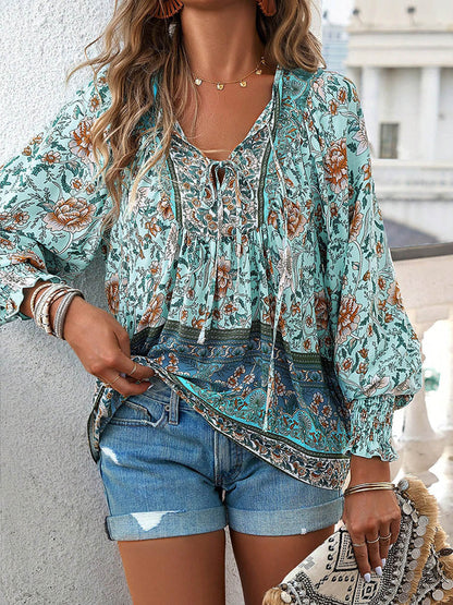 Long Sleeves Loose Contrast Color Drawstring Flower Print Pleated Split-Joint V-Neck Blouses&Shirts Tops