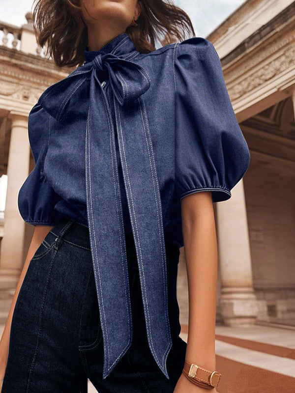 Long Sleeves Puff Sleeves Bow-Embellished Buttoned Split-Joint Tied High Neck Blouses&Shirts Tops