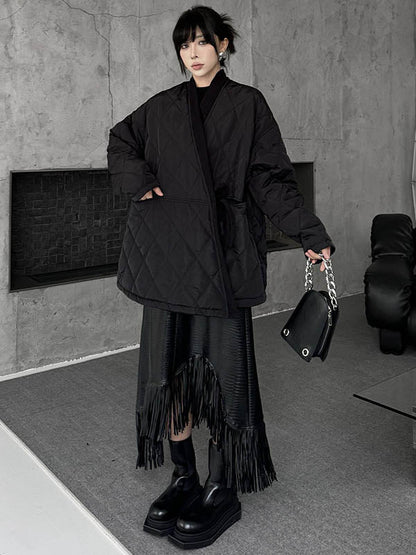 Long Sleeves Loose Plaid Quilted Solid Color Split-Joint Tied Collarless Outerwear Padded Coat