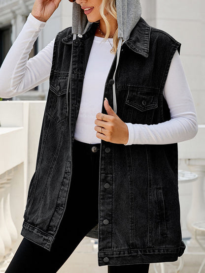 Loose Sleeveless Buttoned Detachable Drawstring Hooded Pockets Split-Joint Polo Vest Outerwear