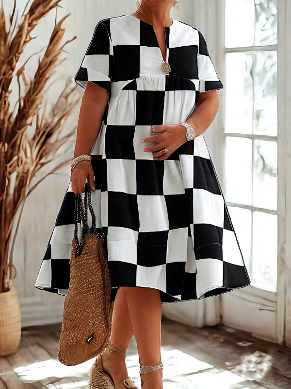 Loose Short Sleeves Contrast Color Plaid Pleated V-Neck Midi Dresses Shirt Dress