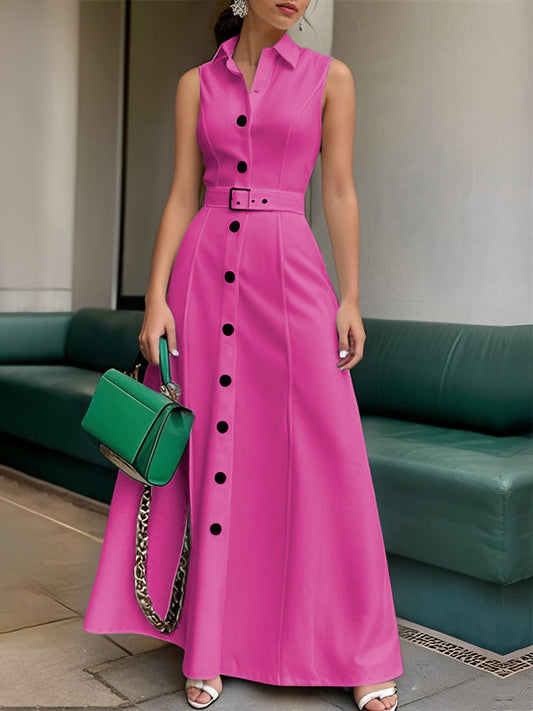 A-Line High Waisted Belted Buttoned Solid Color Lapel Maxi Dresses