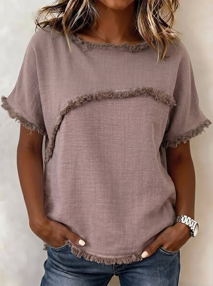 Loose Short Sleeves Fringed Solid Color Split-Joint Round-Neck T-Shirts Tops