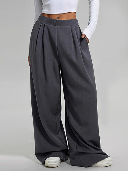 High Waisted Loose Pleated Pockets Solid Color Pants Trousers