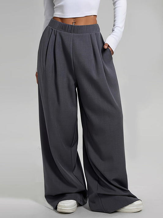 High Waisted Loose Pleated Pockets Solid Color Pants Trousers